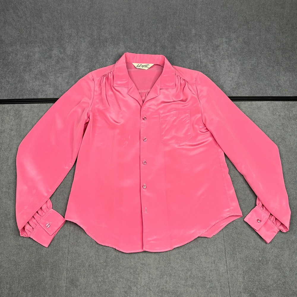 Vintage Pink Satin Button Down Blouse Sleeve Notched Collar y2k Top Bel Esprit